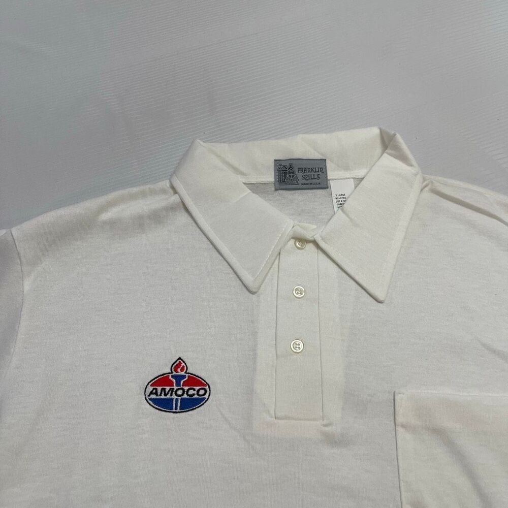 Amoco VTG White Short Sleeve Single Stitch Franklin Mills Polo Shirt Size XL